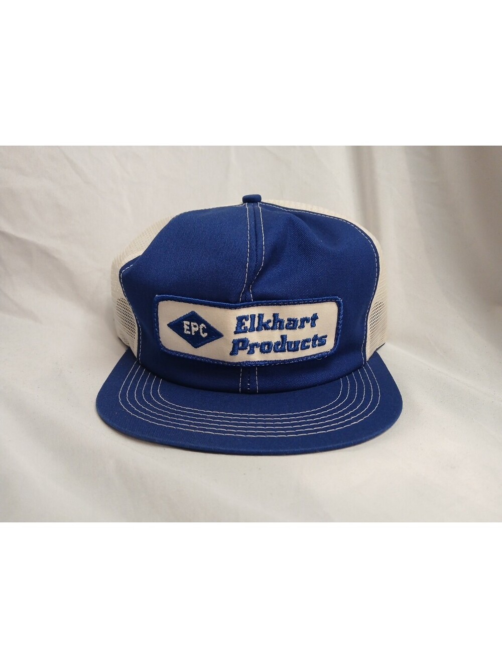 Vintage Elkhart Products Patch K Brand Mesh Snapback Trucker Hat USA Blue White